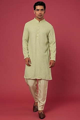 Pastel Green Embroidered Kurta Set by Prathyusha Garimella Men