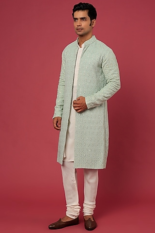 Teal Embroidered Long Jacket With Kurta Set by Prathyusha Garimella Men