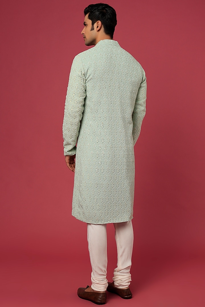 Teal Embroidered Long Jacket With Kurta Set by Prathyusha Garimella Men at Pernia's Pop Up Shop
