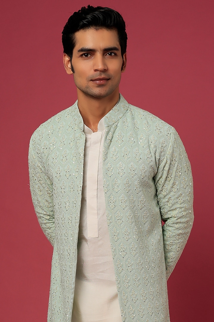 Teal Embroidered Long Jacket With Kurta Set by Prathyusha Garimella Men at Pernia's Pop Up Shop