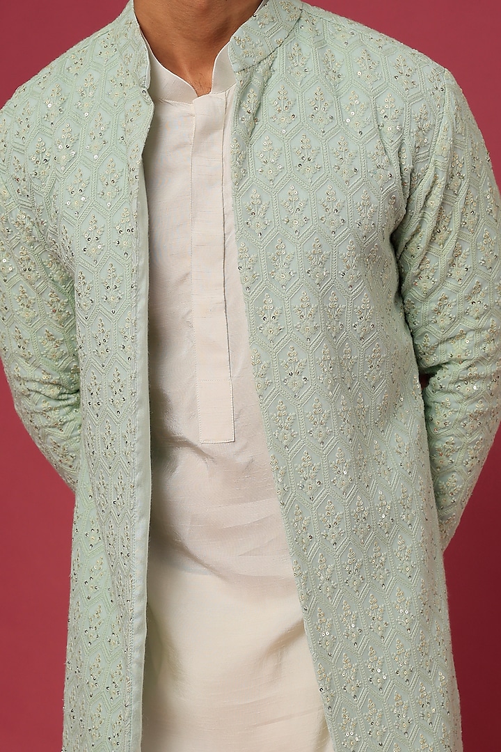 Teal Embroidered Long Jacket With Kurta Set by Prathyusha Garimella Men at Pernia's Pop Up Shop