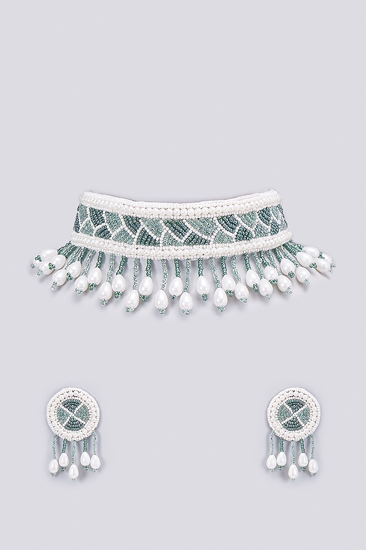 Green Bead & Pearl Choker Necklace Set by PGYG