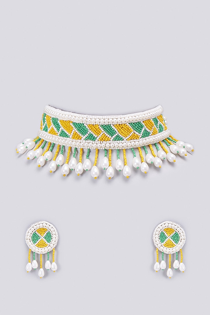 Green & Yellow Beaded Choker Necklace Set by PGYG