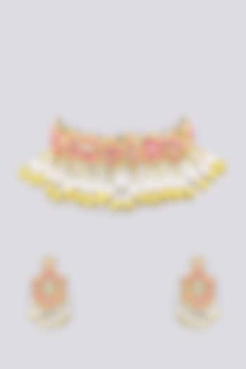 Peach & Yellow Beaded Choker Necklace Set by PGYG