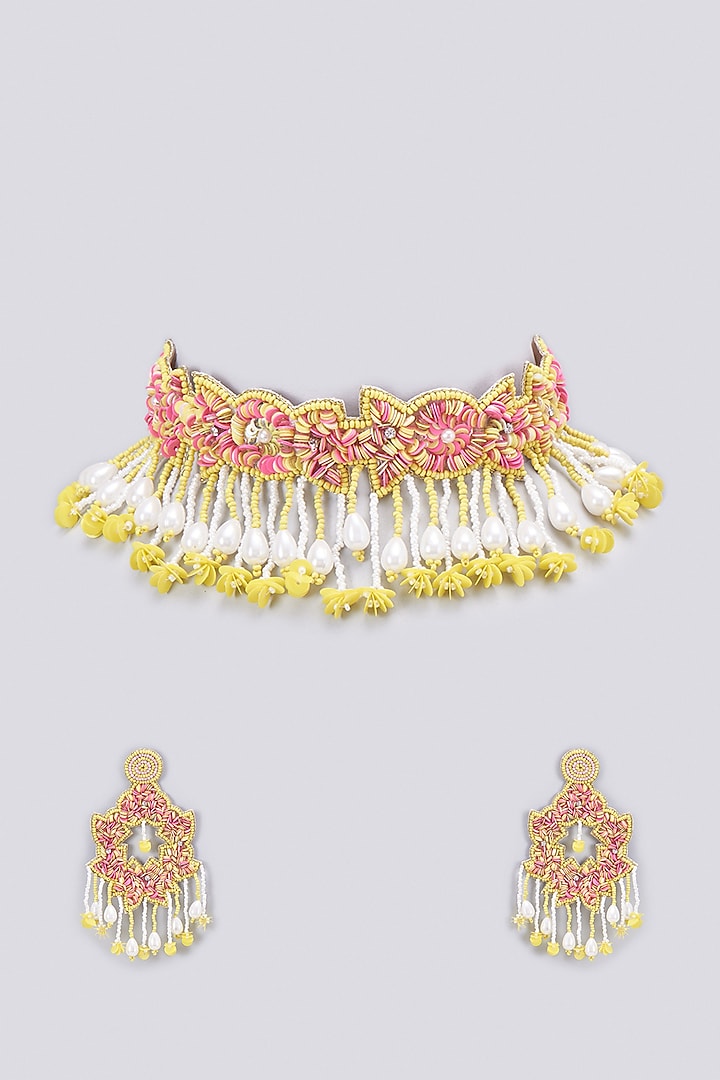 Peach & Yellow Beaded Choker Necklace Set by PGYG