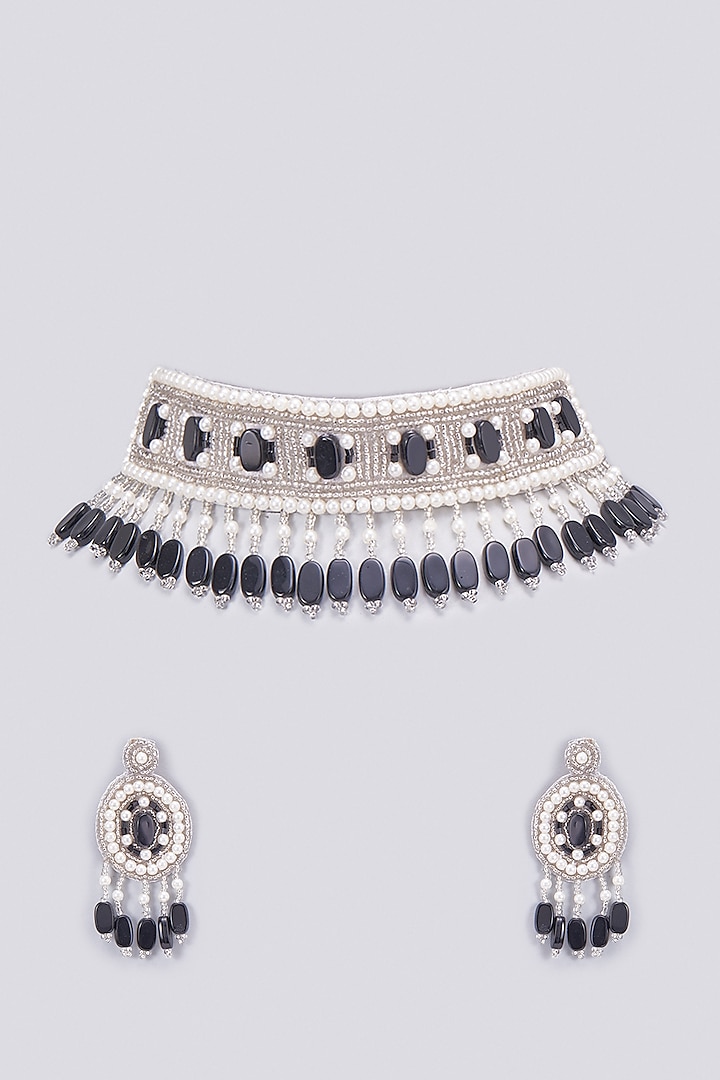 Black Bead & Pearl Choker Necklace Set by PGYG