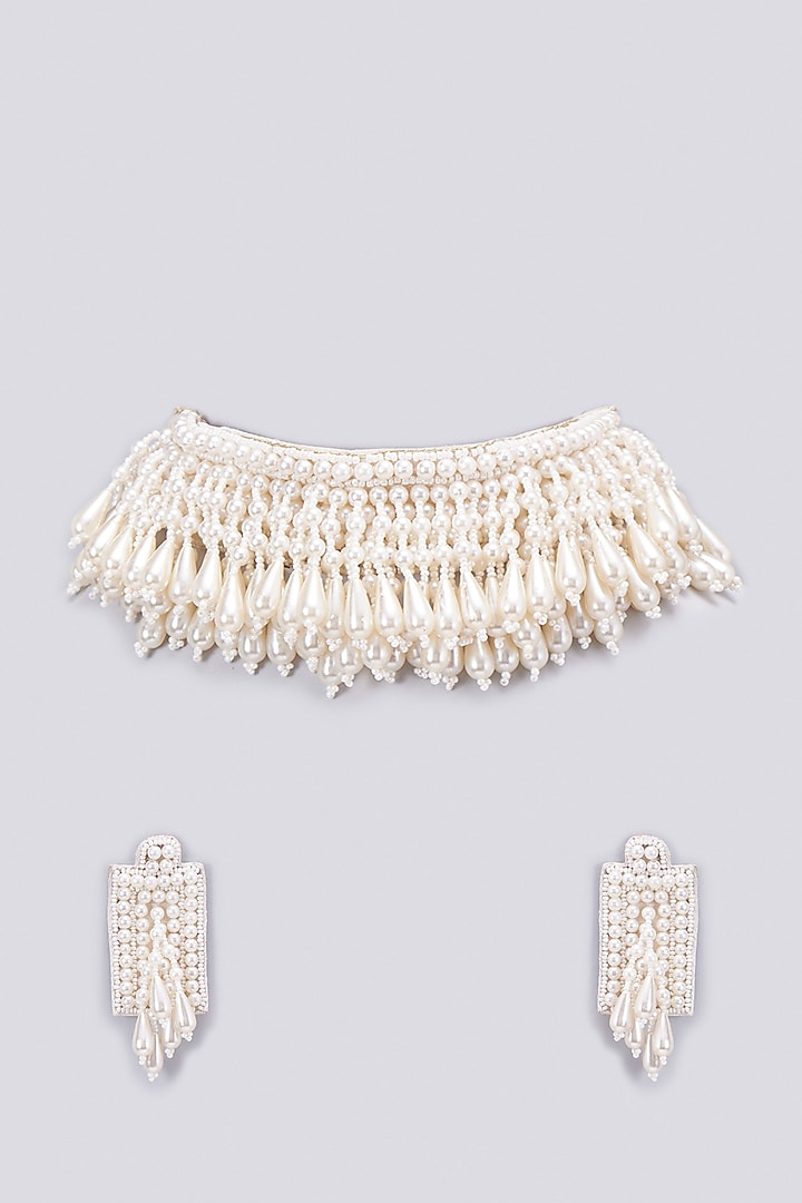 White Bead & Pearl Choker Necklace Set by PGYG