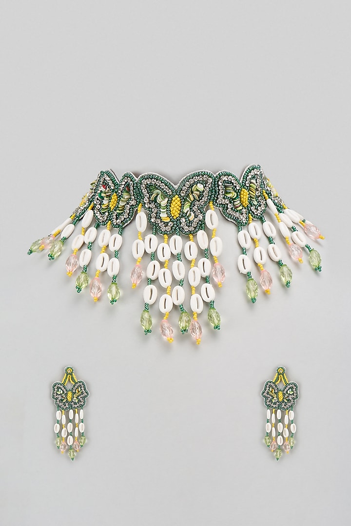 Green & Yellow Beaded Butterfly Choker Necklace Set by PGYG at Pernia's Pop Up Shop