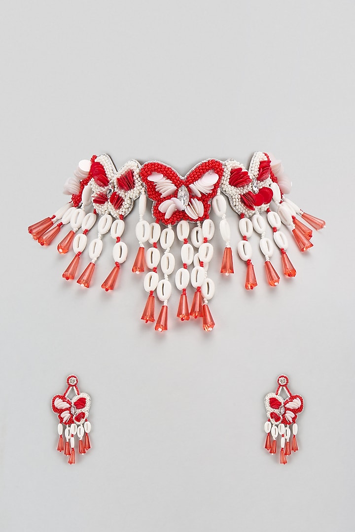 Red & White Beaded Choker Necklace Set by PGYG