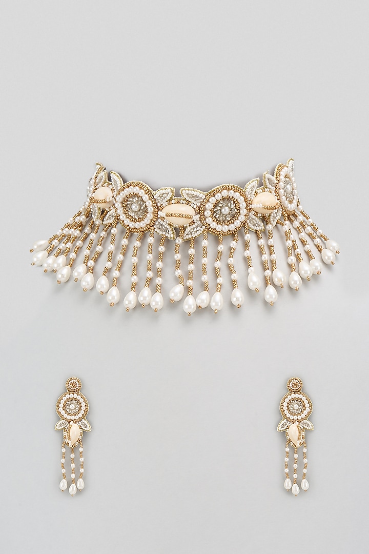 Golden & Cream Beaded Choker Necklace Set by PGYG at Pernia's Pop Up Shop