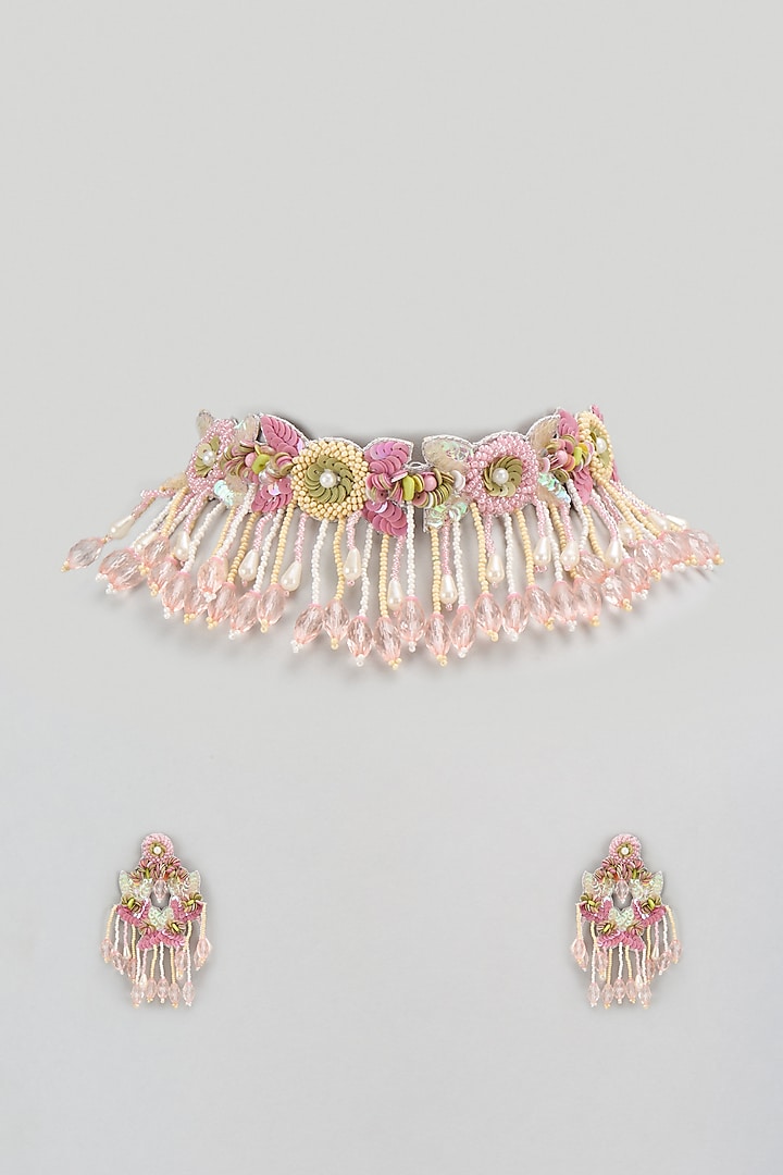 Baby Pink & Yellow Beaded Choker Necklace Set by PGYG at Pernia's Pop Up Shop