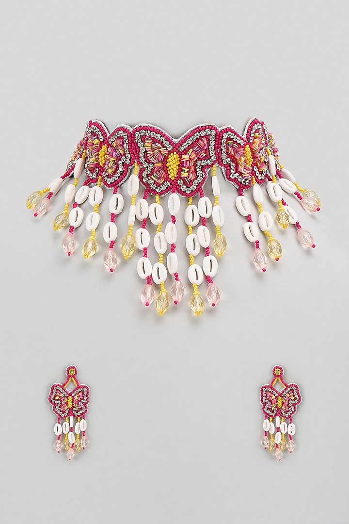 Pink & Mustard Beaded Butterfly Choker Necklace Set by PGYG at Pernia's Pop Up Shop