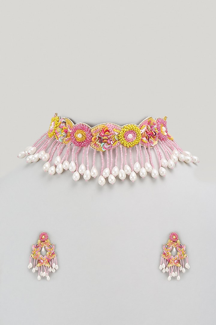 Pink & Yellow Beaded Choker Necklace Set by PGYG at Pernia's Pop Up Shop