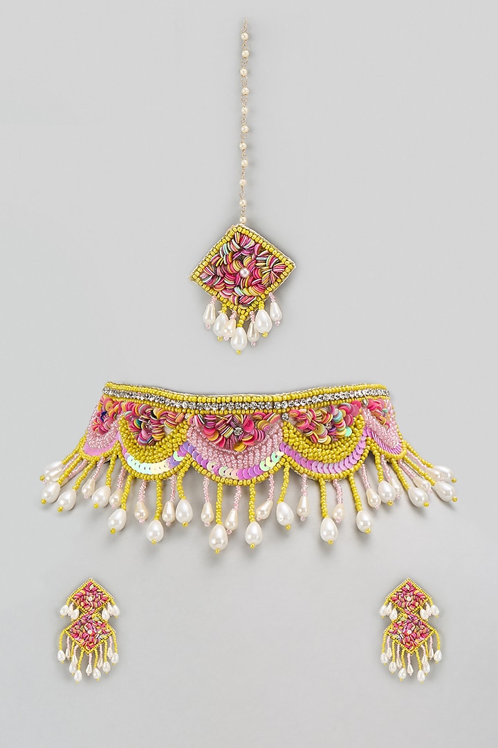 Baby Pink & Yellow Beaded Choker Necklace Set by PGYG at Pernia's Pop Up Shop