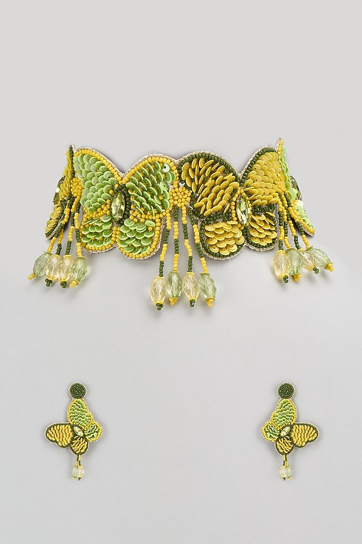 Green & Yellow Beaded Butterfly Choker Necklace Set by PGYG at Pernia's Pop Up Shop