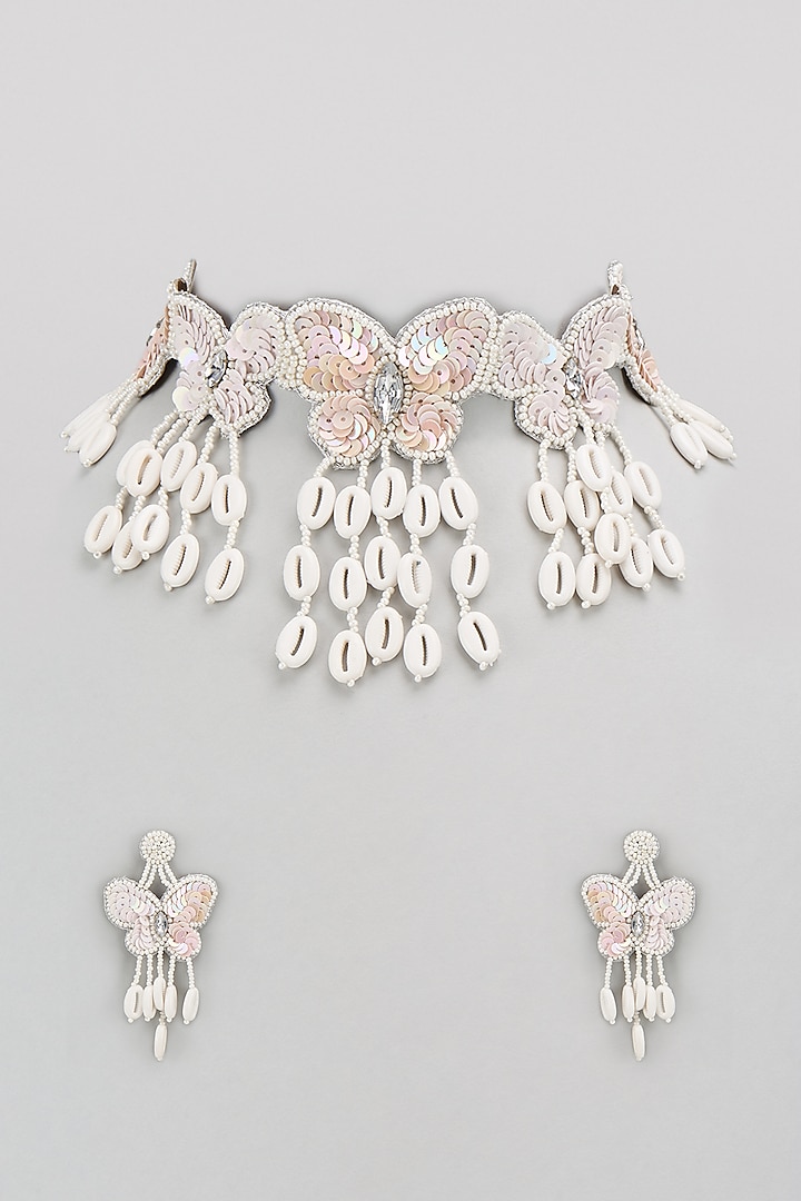 White Beaded Butterfly Choker Necklace Set by PGYG at Pernia's Pop Up Shop