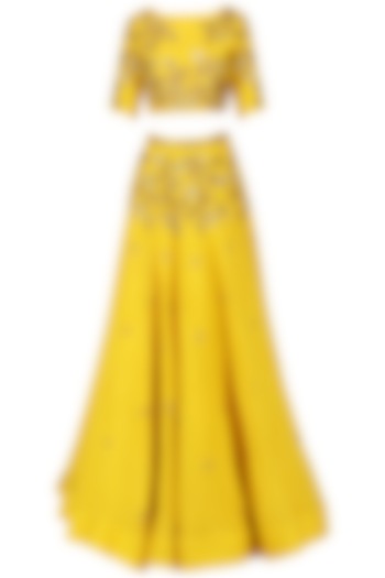Mustard yellow embroidered lehenga set available only at Pernia's Pop Up Shop.
