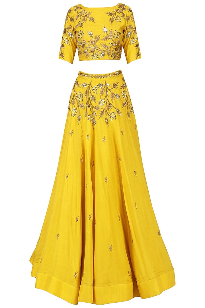 Mustard Yellow Embroidered Lehenga Set by Prathyusha Garimella