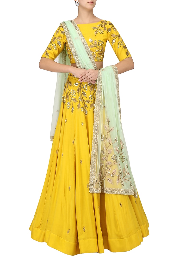 Mustard yellow embroidered lehenga set available only at Pernia's Pop Up Shop.