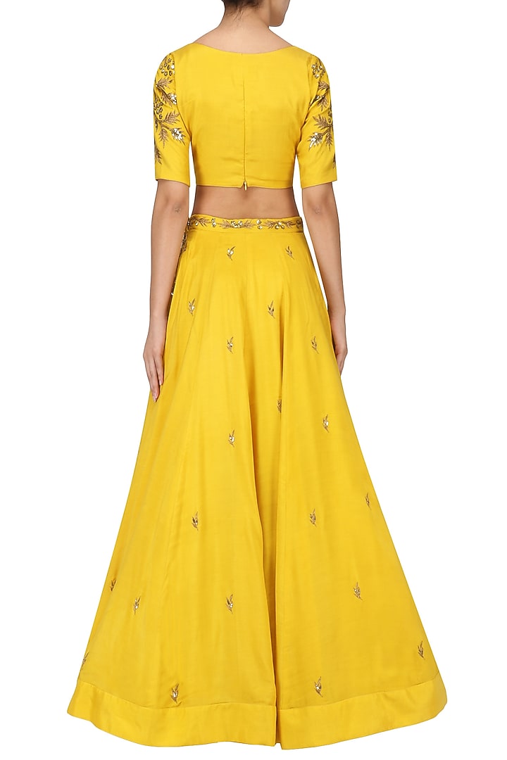 Mustard yellow embroidered lehenga set available only at Pernia's Pop Up Shop.