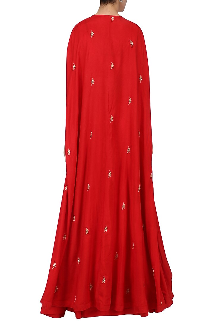 Red lehenga and embroidered cape set available only at Pernia's Pop Up Shop.