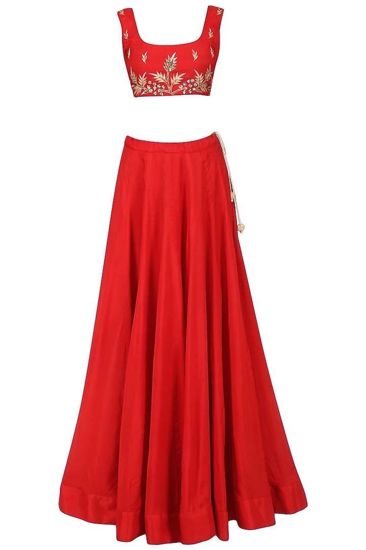 Red lehenga and embroidered cape set available only at Pernia's Pop Up Shop.