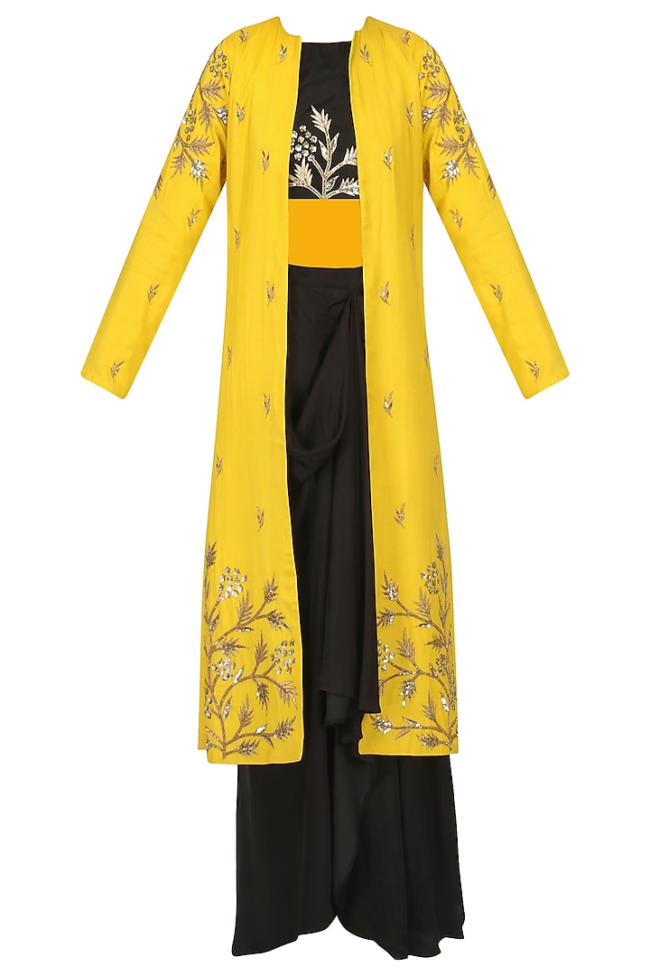 Black embroidered crop and drape skirt with jacket set available only at Pernia's Pop Up Shop.