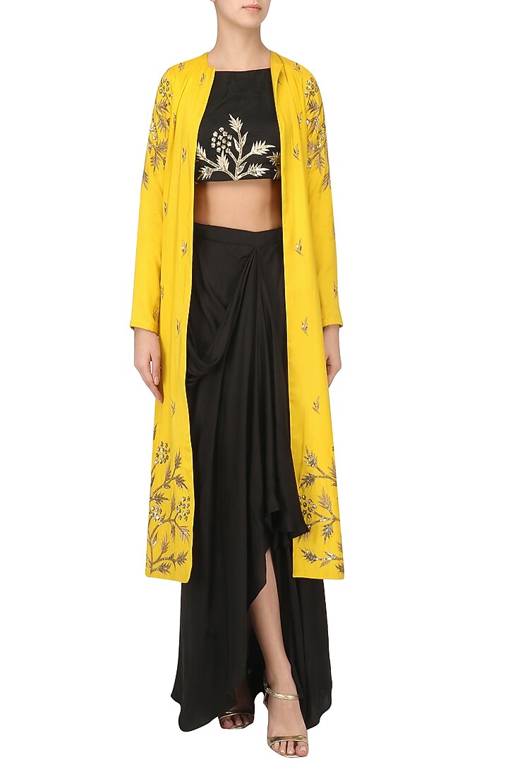 Black embroidered crop and drape skirt with jacket set available only at Pernia's Pop Up Shop.