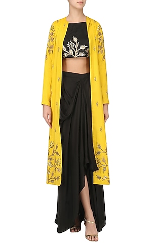 Black Embroidered Crop and Drape Skirt with Jacket Set by Prathyusha Garimella