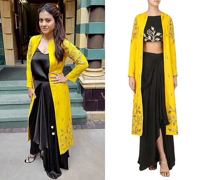 Black embroidered crop and drape skirt with jacket set available only at Pernia's Pop Up Shop.
