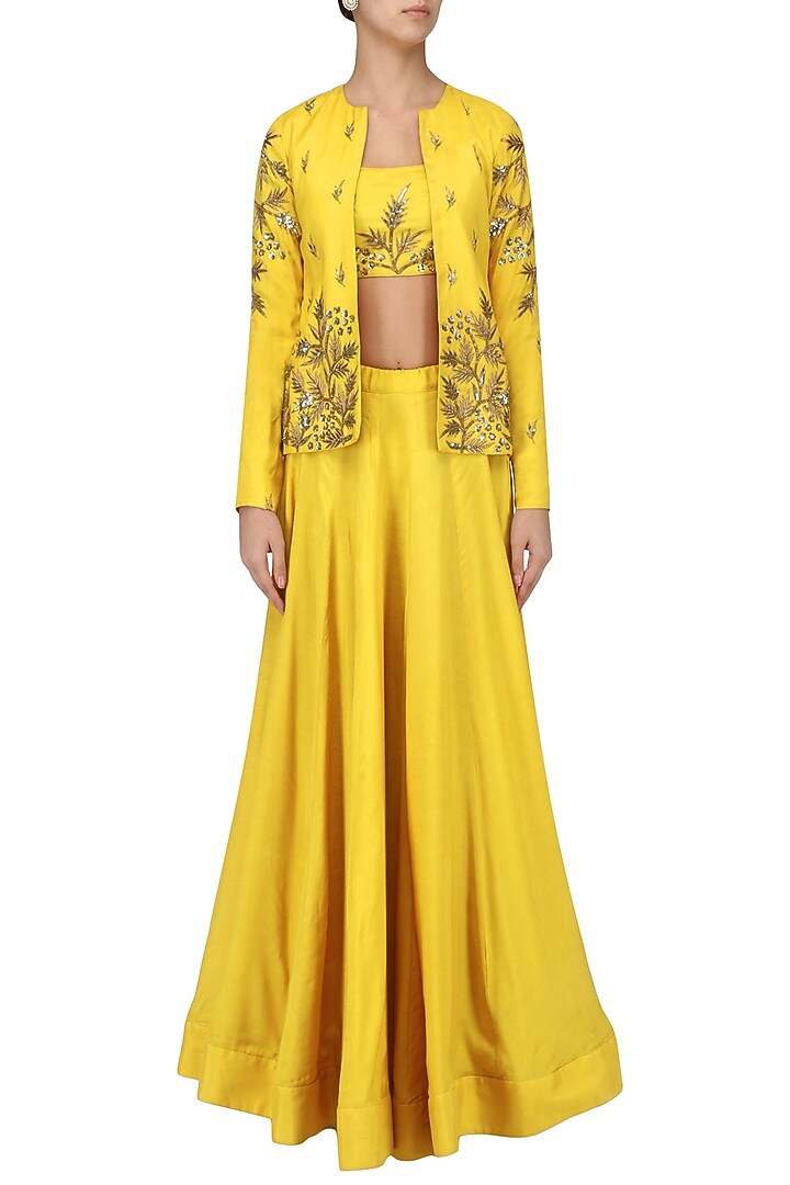 Mustard embroidered lehenga with jacket set available only at Pernia's Pop Up Shop.
