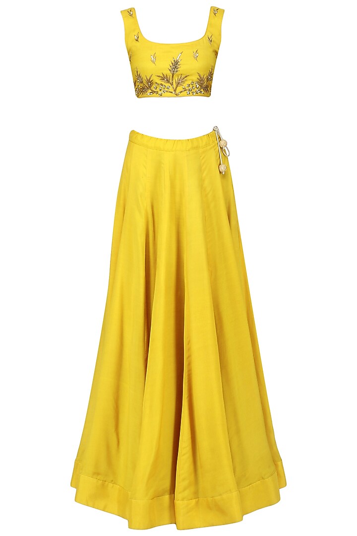 Mustard embroidered lehenga with jacket set available only at Pernia's Pop Up Shop.