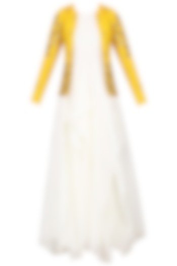 White Drape Gown with Mustard Embroidered Jacket by Prathyusha Garimella