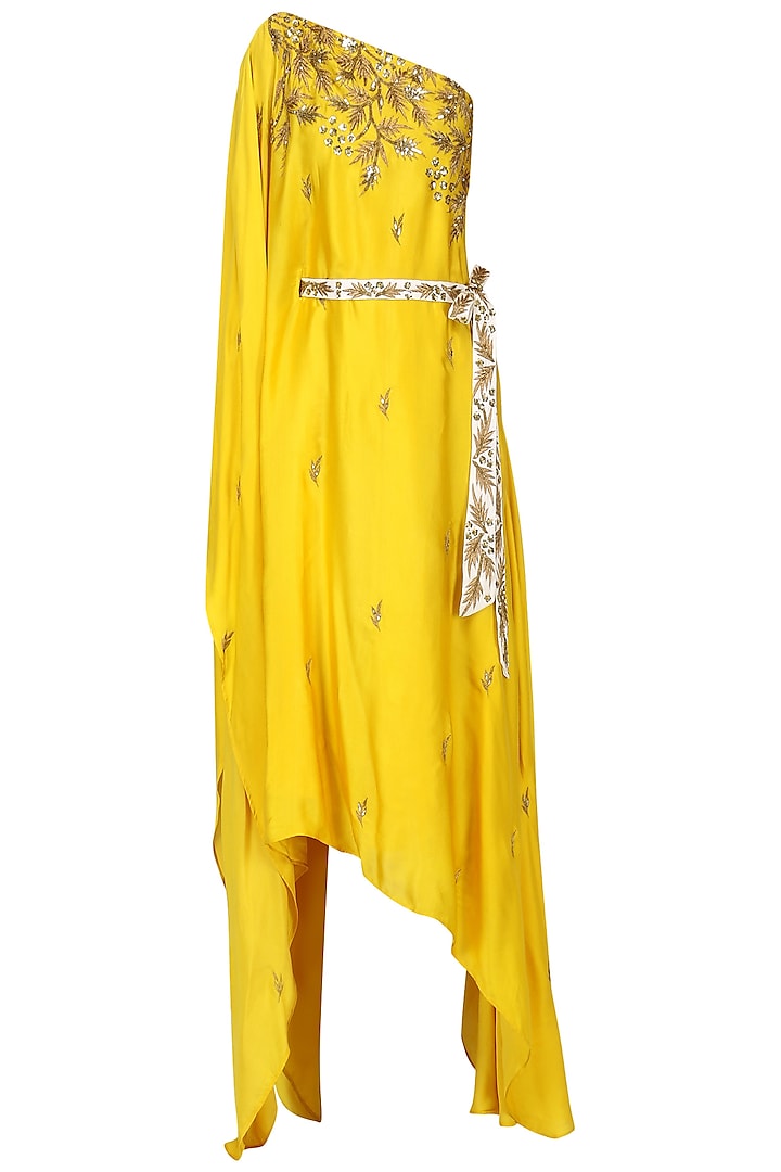 Mustard embroidered asymmetric kaftan dress available only at Pernia's Pop Up Shop.