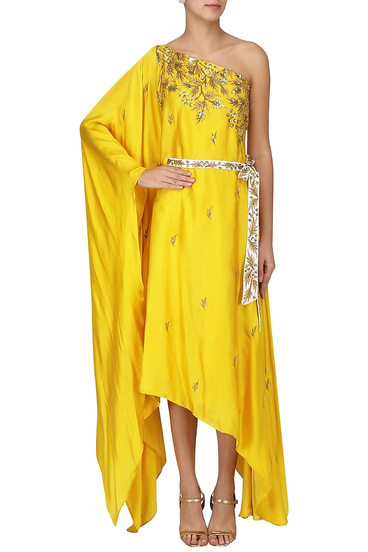 Mustard embroidered asymmetric kaftan dress available only at Pernia's Pop Up Shop.