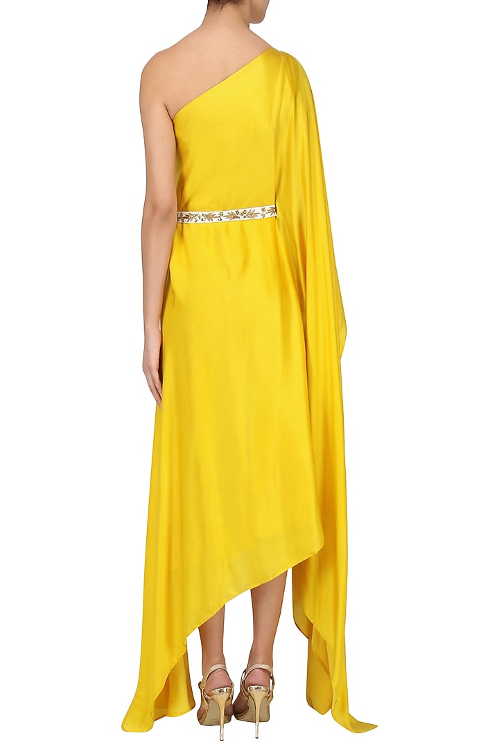 Mustard embroidered asymmetric kaftan dress available only at Pernia's Pop Up Shop.