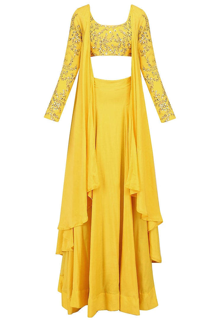 Mustard Yellow Embroidered Drape Crop Top and Lehenga Skirt Set by Prathyusha Garimella