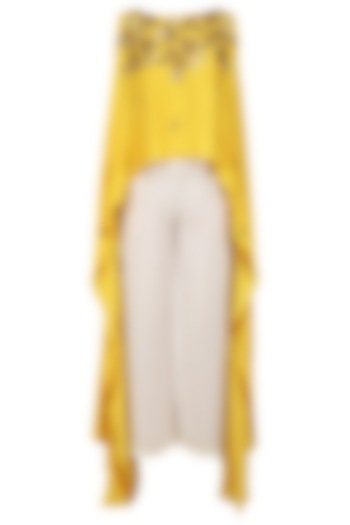 Mustard Yellow Embroidered High Low Top with White Palazzo Pants by Prathyusha Garimella