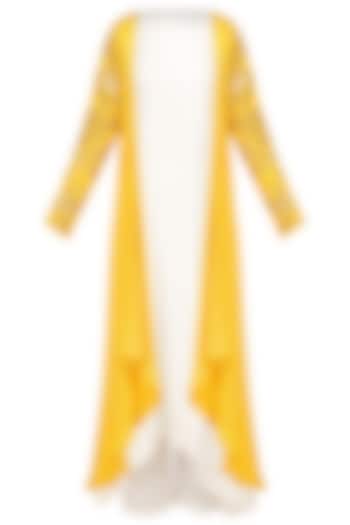 Mustard leaf embroidered cape with white kurta and palazzo pants available only at Pernia's Pop Up Shop.
