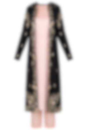 Black cut work jacket with pink kurta and palazzo pants available only at Pernia's Pop Up Shop.