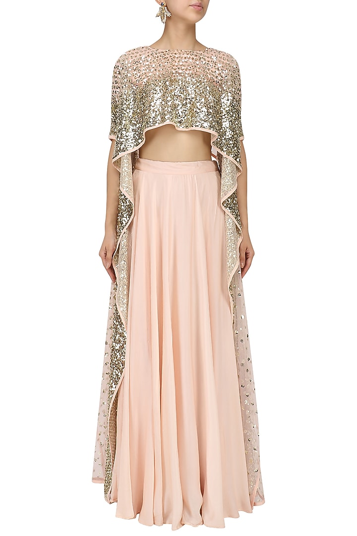 Pink embroidered high low top and lehenga skirt available only at Pernia's Pop Up Shop.