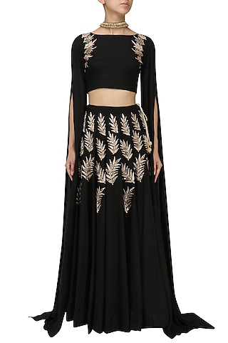 Black Embroidered Cape Sleeves Crop Top and Lehenga Set by Prathyusha Garimella
