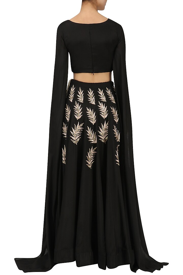 Black embroidered cape sleeves crop top and lehenga set available only at Pernia's Pop Up Shop.