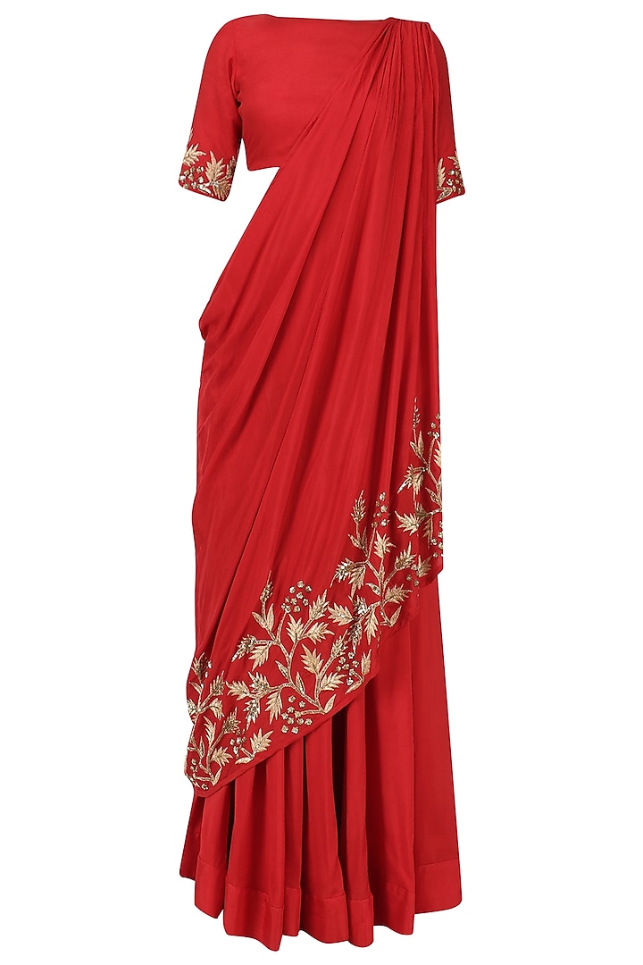 Red Embroidered Drape Lehenga Set by Prathyusha Garimella