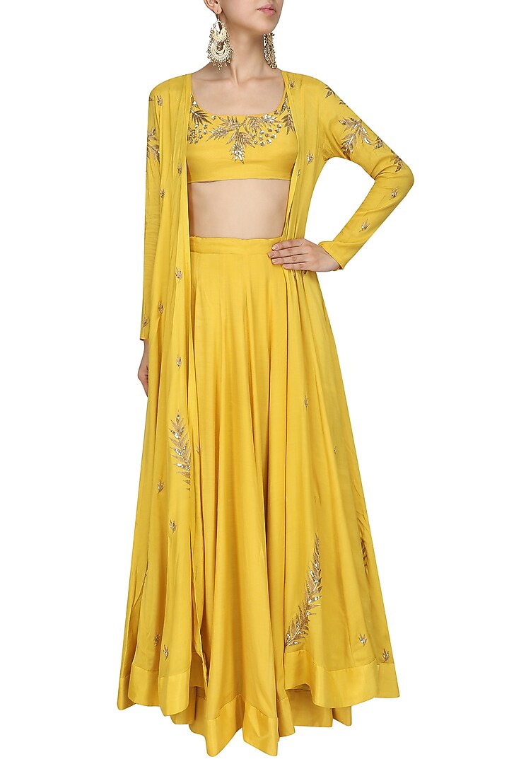 Mustard embroidered jacket and lehenga set available only at Pernia's Pop Up Shop.