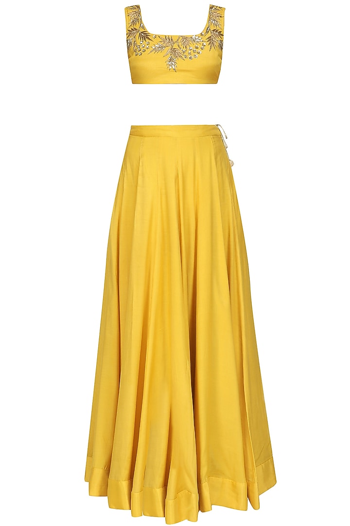 Mustard embroidered jacket and lehenga set available only at Pernia's Pop Up Shop.