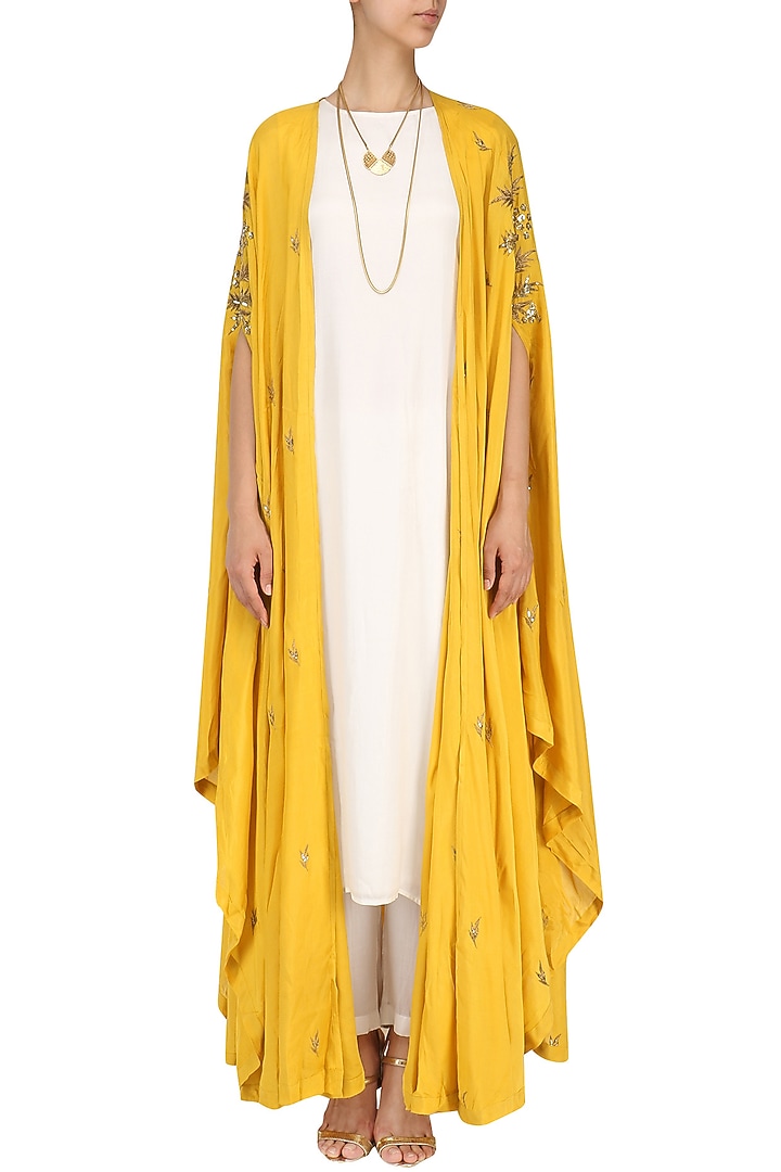 Mustard embroidered cape with kurta and palazzo set available only at Pernia's Pop Up Shop.