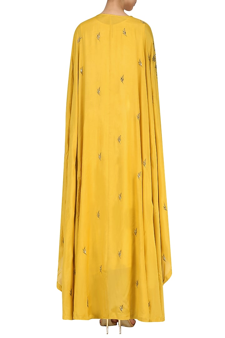 Mustard embroidered cape with kurta and palazzo set available only at Pernia's Pop Up Shop.