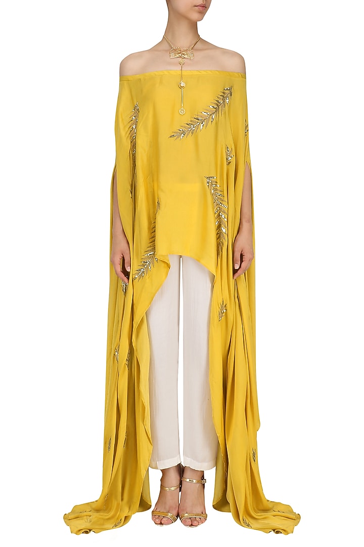 Mustard embroidered off shoulder cape and pants set available only at Pernia's Pop Up Shop.