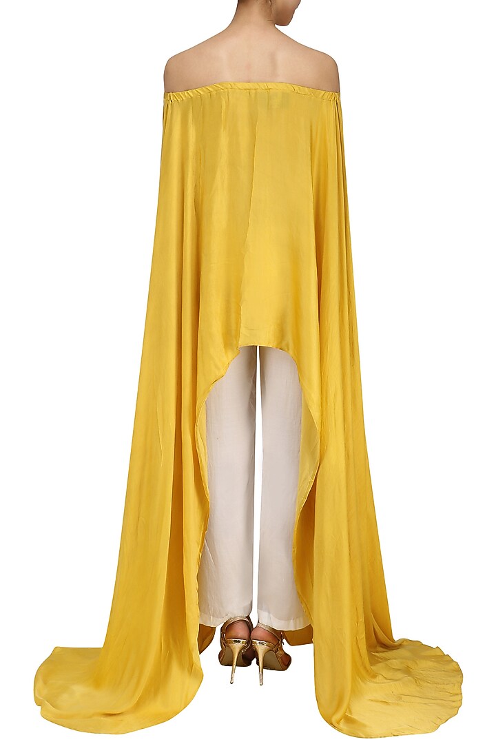 Mustard embroidered off shoulder cape and pants set available only at Pernia's Pop Up Shop.